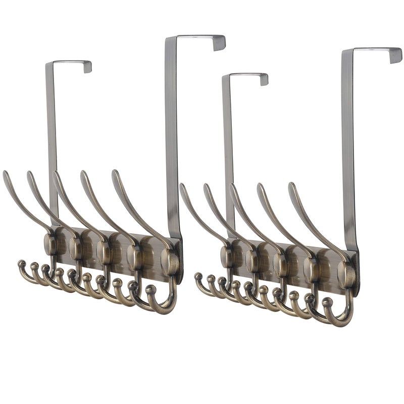 Dseap Over The Door Hook Hanger - Fits 1 3/8" to 1 3/4" Standard Doors | 5 Tri Hooks Heavy Duty Towel/Coat Rack | Door Organizer for Clothes, Jackets, Hats, Towels, Bronze, Pack of 2 - Image 1